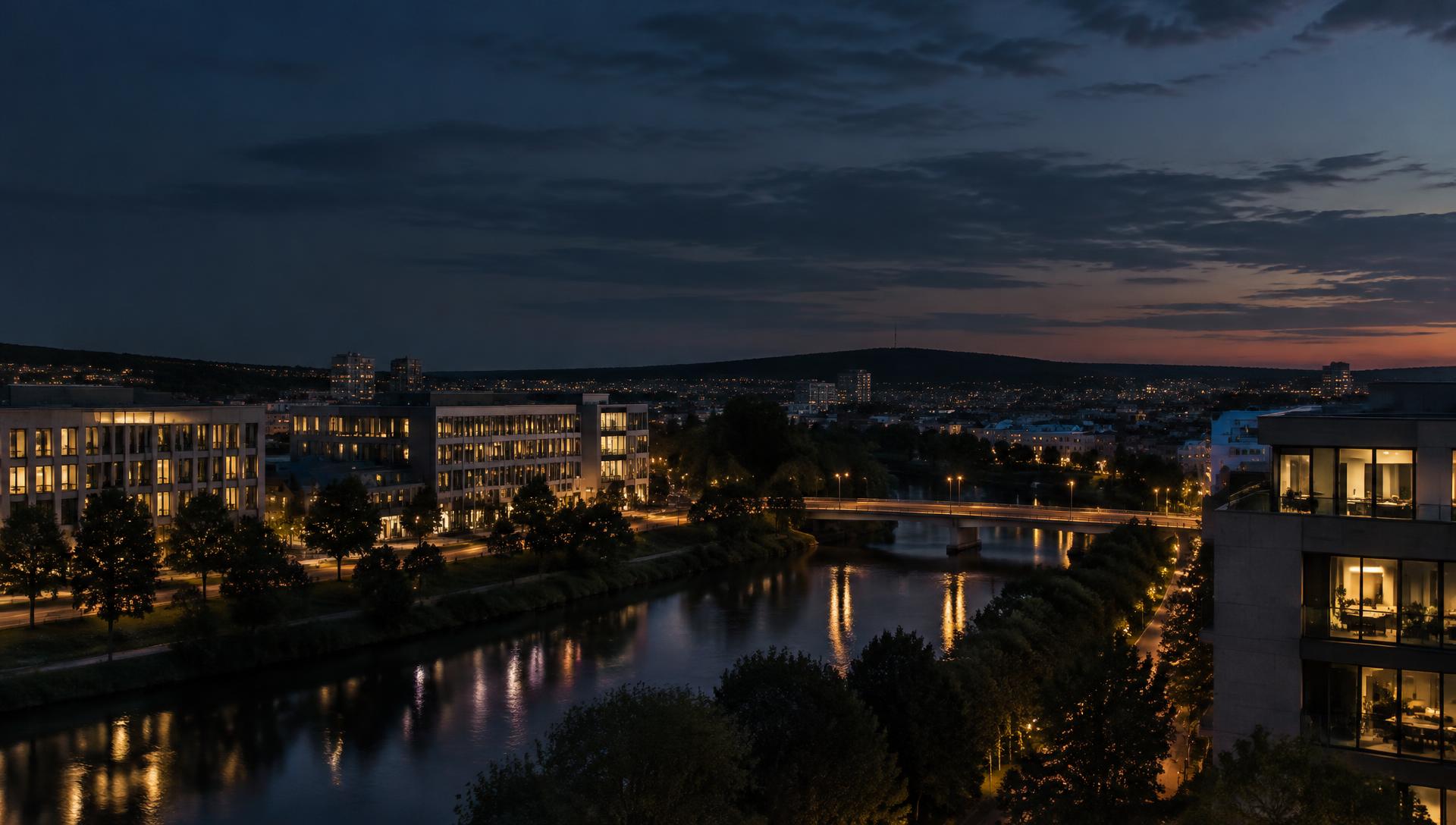 Nächtlicher Blick über eine moderne Stadt in Mittelhessen